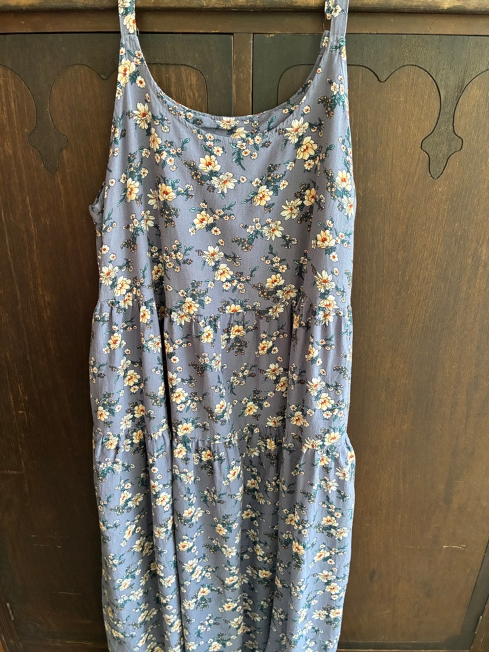 Amazon Floral Maxi Dress  in Dusty Blue with Cream & Yellow Accents Sz M